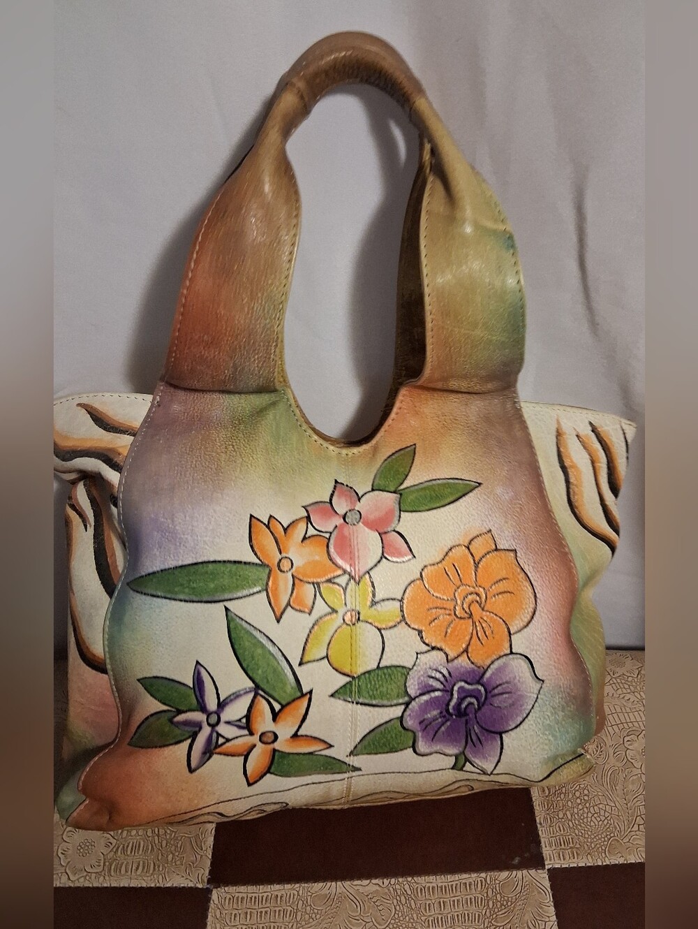 Great American Leatherworks hand-painted floral shoulder bag.